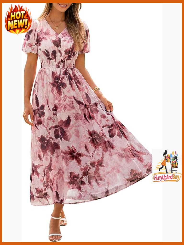 Floral Maxi Dress V Neck Puff Sleeve Boho Wedding Guest Summer Flowy